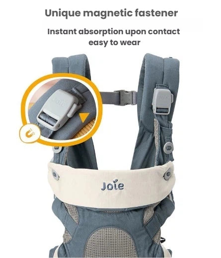 Close-up of Joie Savvy Air 4-in-1 Baby Carrier’s unique magnetic fastener system—provides instant absorption upon contact, making it easy and quick to wear or remove.