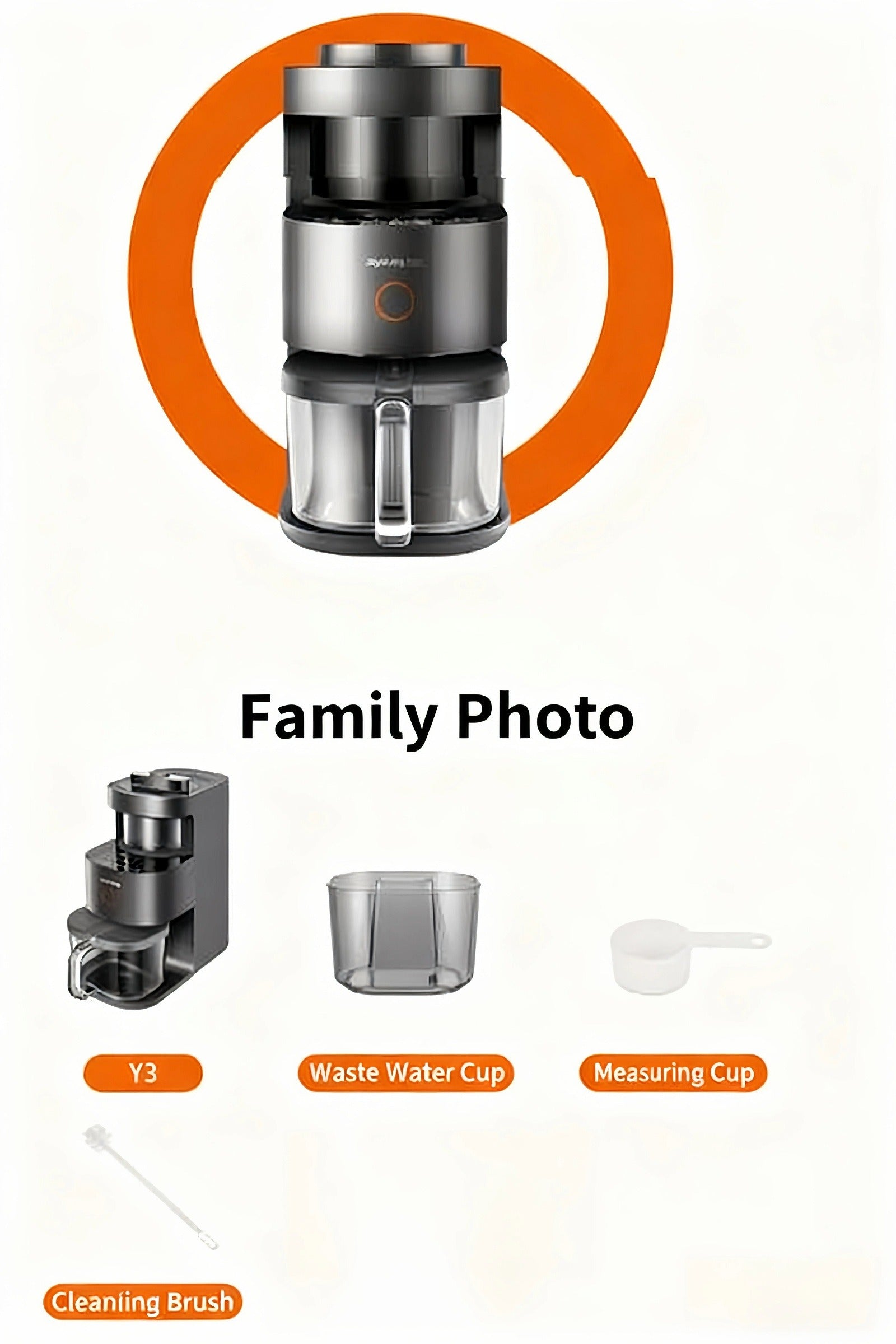 A complete family photo of the Joyoung Y3 blender package, including the Y3 main unit, a waste water cup, a measuring cup, and a cleaning brush.