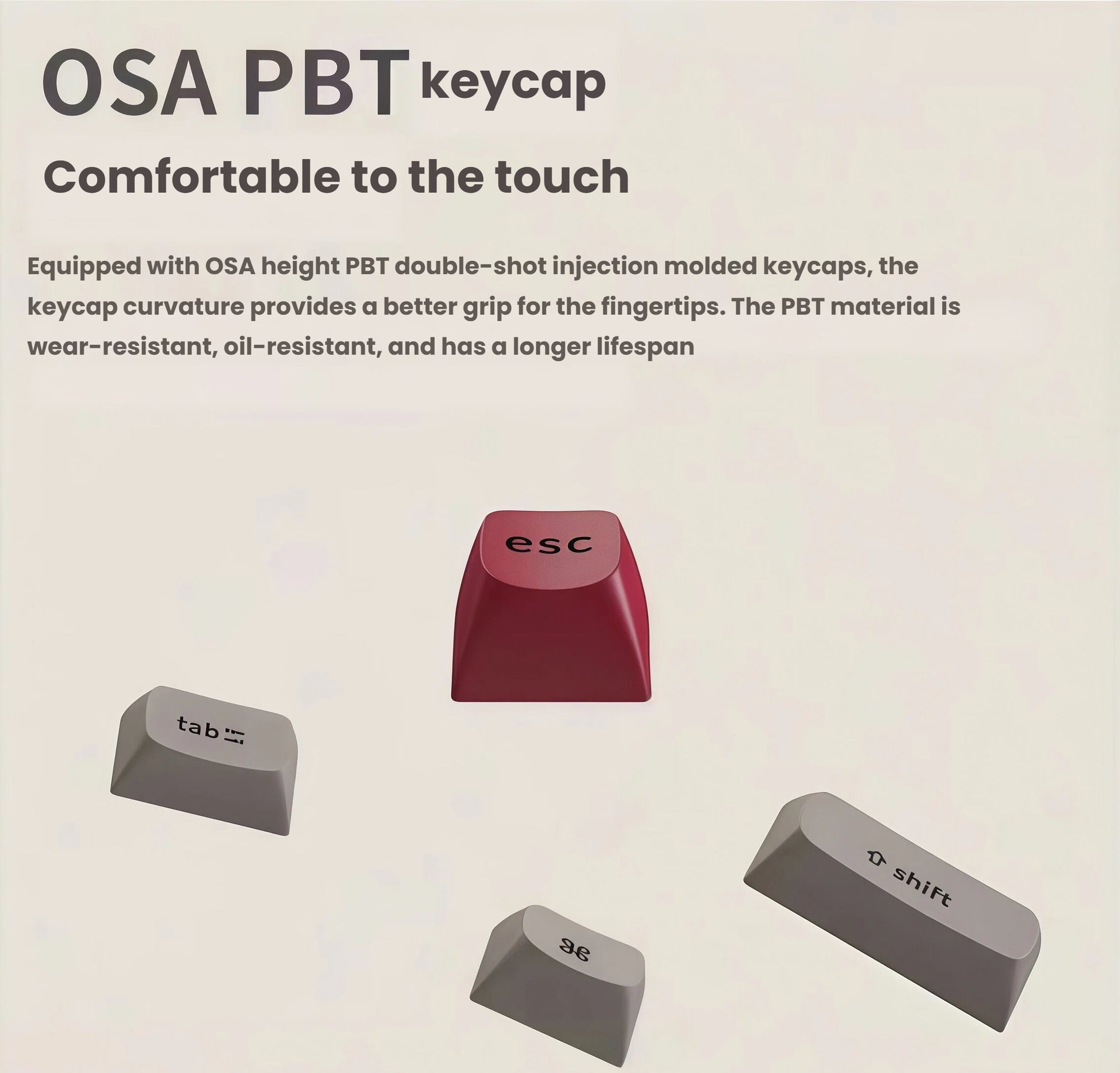 Close-up of Keychron Q1 Max OSA height PBT double-shot injection molded keycaps, including ESC, Tab, Shift, and Spacebar, offering superior texture, durability, and tactile comfort.
