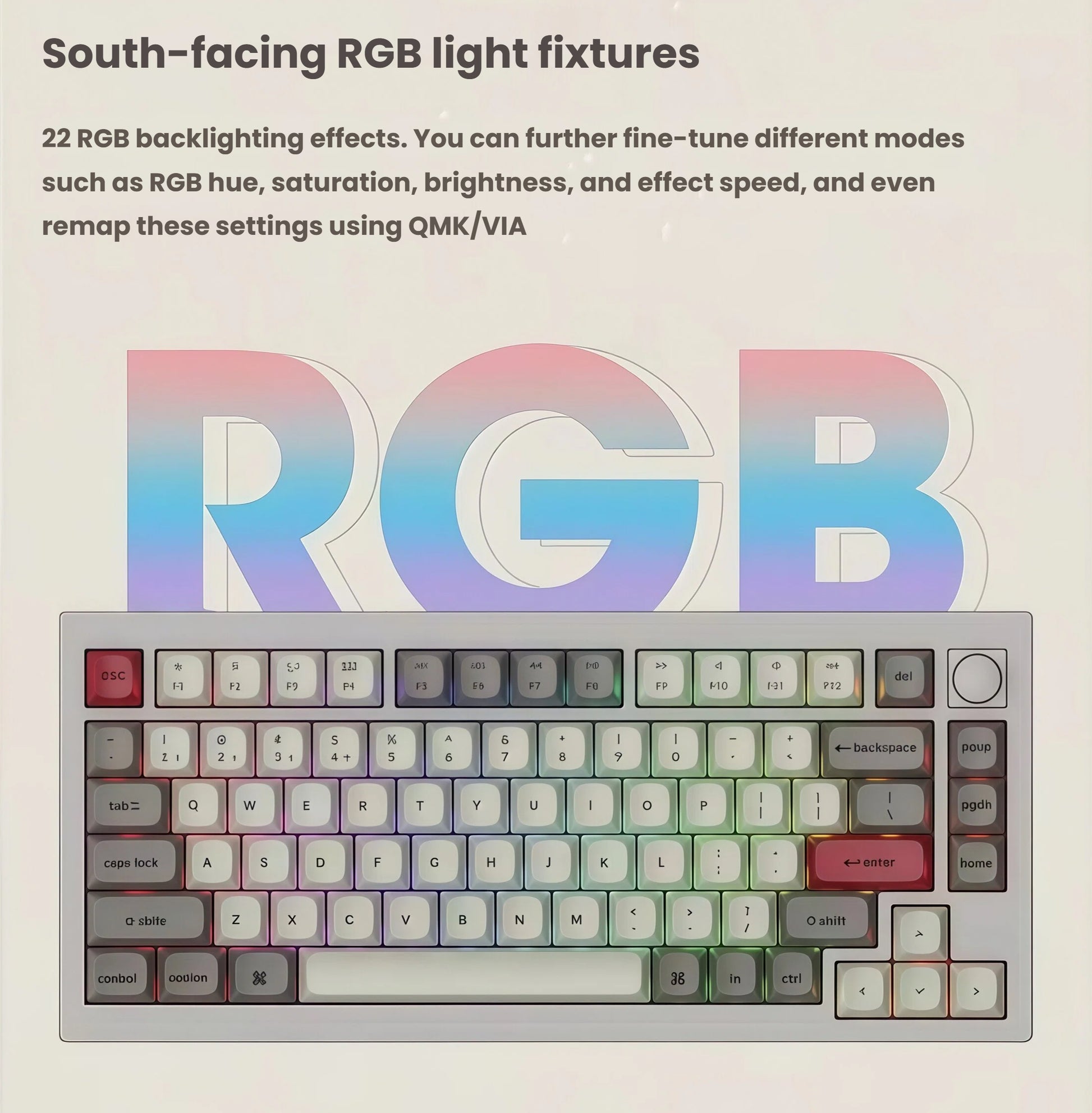 Keychron Q1 Max keyboard with south-facing RGB LEDs showing vibrant lighting effects; supports 22 customizable modes with adjustable hue, saturation, brightness, and speed via QMK/VIA firmware.