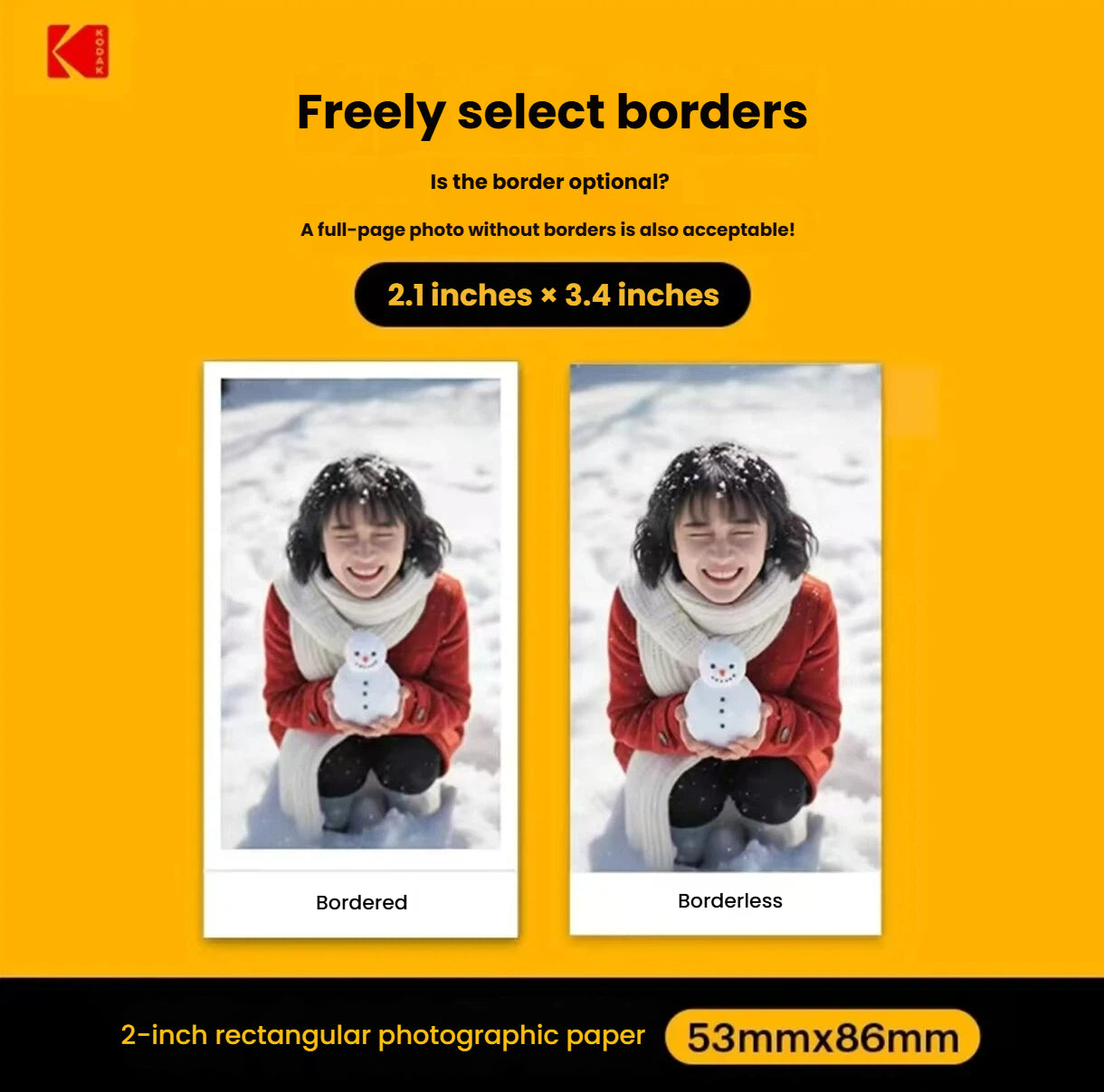 Comparison of Kodak Mini 2 Retro printed photos: one with white border, one borderless. Size: 53mm x 86mm (2.1 x 3.4 inches). Full-page printing option available for maximum image coverage.