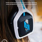 Macro shot of the ASTRO A20’s soft cloth ear cushion on a gamer’s ear, illustrating fatigue-free comfort during long sessions.