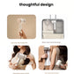 A collage illustrating the thoughtful design of the Dreame hair dryer, including its premium IML Crystal Film finish, an ultra-short 82mm body that fits easily in luggage, a lightweight 556g frame, and a stylish two-tone design.