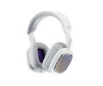 Front view of the white ASTRO A30 LIGHTSPEED headset with purple ear pads and metallic accents, highlighting its lightweight, ergonomic build.