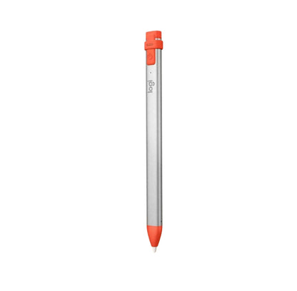 Logitech Crayon digital pencil displayed against a playful purple illustrated background with cartoon creatures. Promotes creative expression on iPad with the tagline “Take a CRAYON with you!” — perfect for kids and artists alike.
