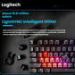 Dramatic top-down shot of the Logitech G512’s exposed RGB switches glowing in red and purple hues, surrounded by removed keycaps, emphasizing 16.8 million color LightSYNC customization.