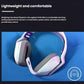 White Logitech G733 headset resting on a blue surface, emphasizing its lightweight frame, soft memory-foam ear pads, and breathable headband.