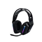 Studio shot of the black Logitech G733 headset with RGB accents and retractable boom mic, isolated on a white background.