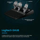 Logitech G923 pedal set with clutch, brake, and accelerator, featuring adjustable surfaces and retractable foot pads, customizable via Logitech G HUB software.