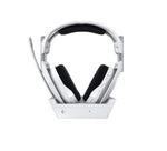 Front view of the white ASTRO A50 X headset resting in its LIGHTSPEED base station, showing the integrated charging dock and status LEDs.