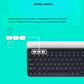 Close-up of the Logitech K780’s top-left corner highlighting the three Easy-Switch buttons, with a graphic finger pressing “1” to switch between computer, phone, and tablet.