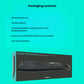  Product packaging shot listing the MK850 wireless keyboard, wireless mouse, Unifying M receiver, pre-installed batteries, and user documentation.