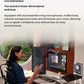 Lifestyle scene of a creator using the MX Brio 4K webcam in a bright office, with animated sound waves showing dual beamforming mics that cancel background noise for crystal-clear voice.