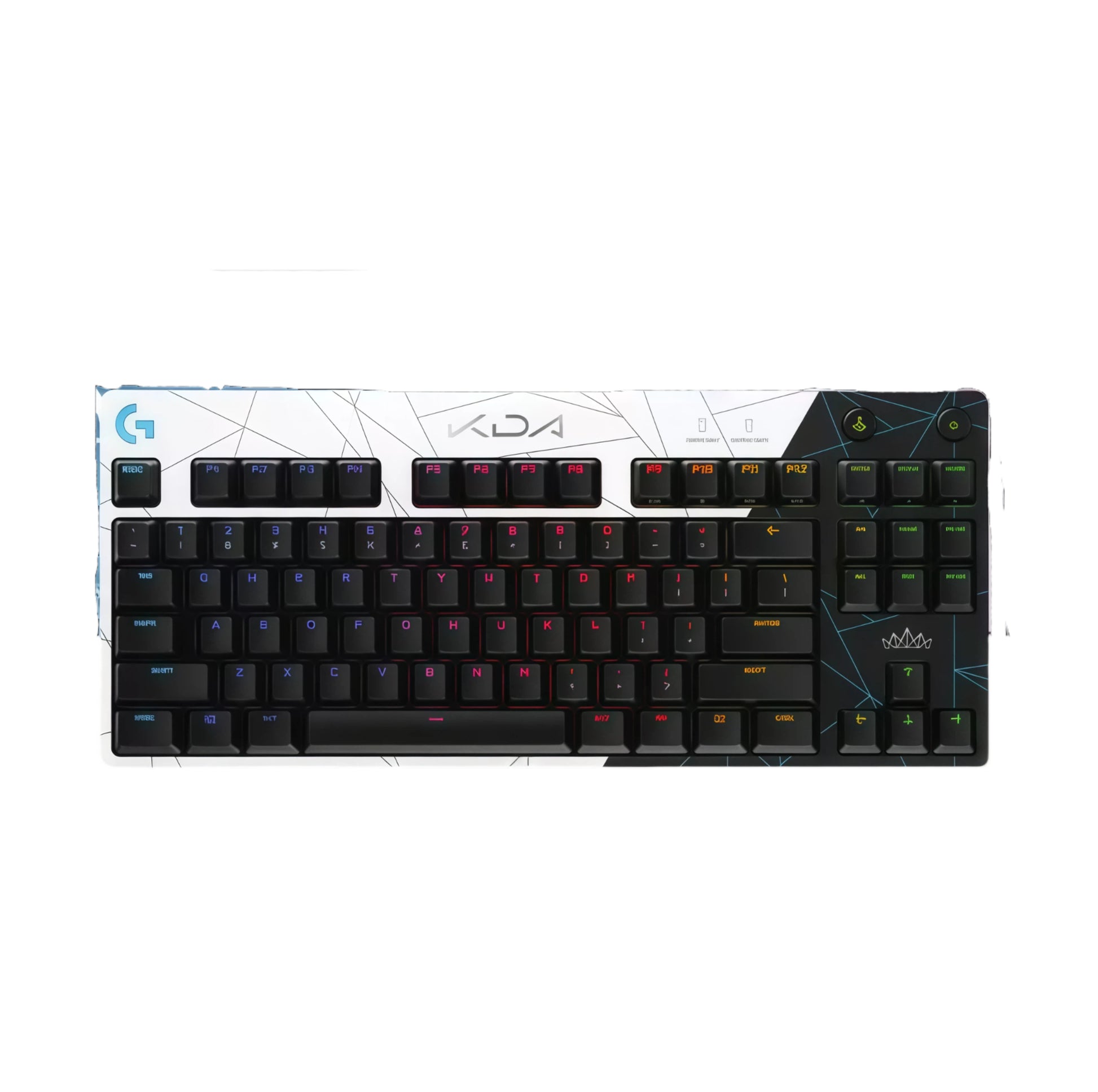 Top-down view of the Logitech PRO tenkeyless keyboard in the K/DA special edition, showcasing a black-and-white shattered-glass design with multi-color RGB backlighting and K/DA branding.
