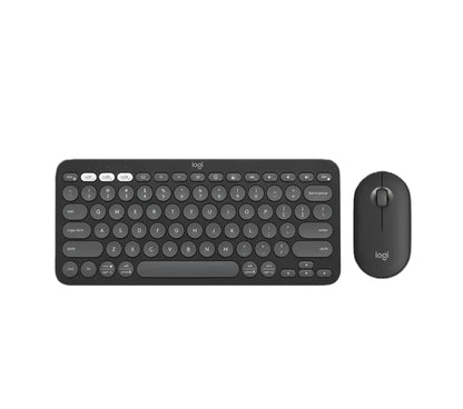 Overhead shot of the graphite Logitech Pebble 2 Combo, showcasing the dark gray keyboard and mouse with subtle blue shortcut keys.
