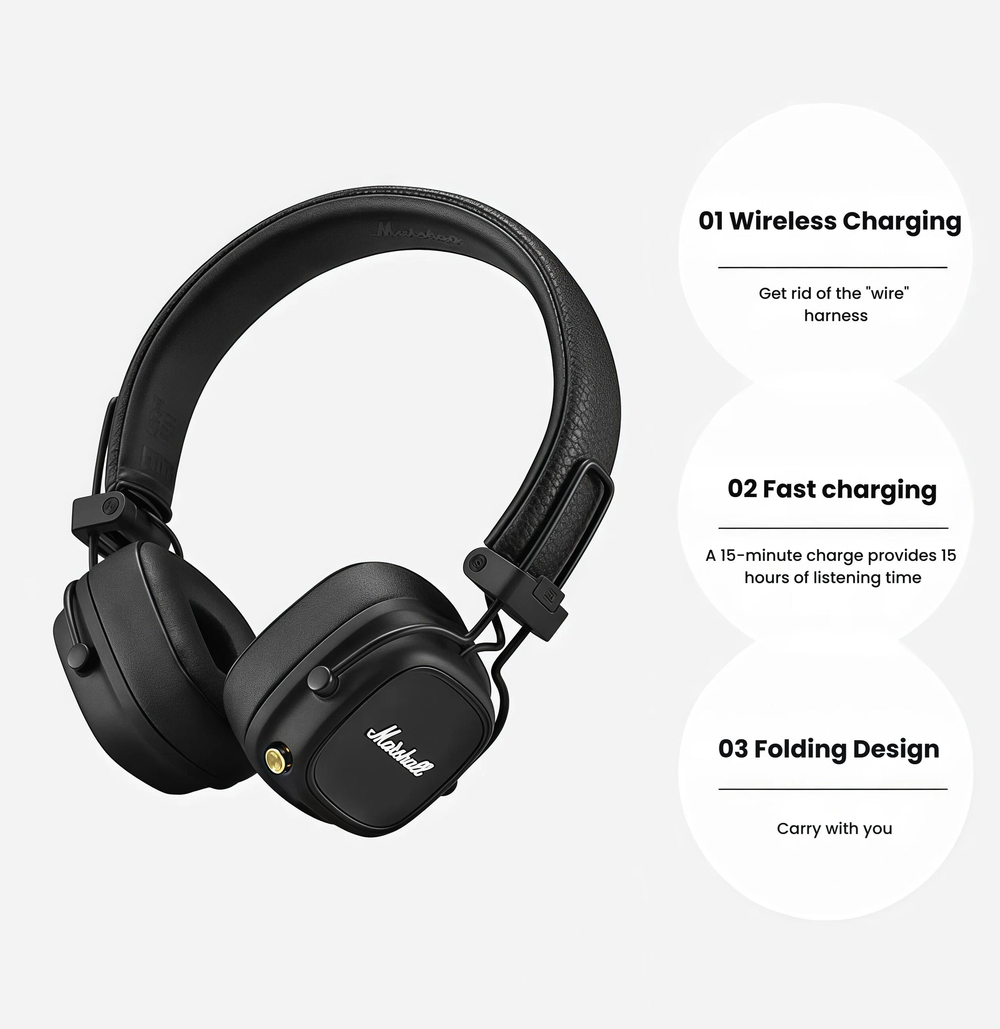 Feature graphic of Marshall Major IV headphones with three key benefits: wireless charging, 15-minute charge for 15 hours of playback, and compact folding design for easy portability.