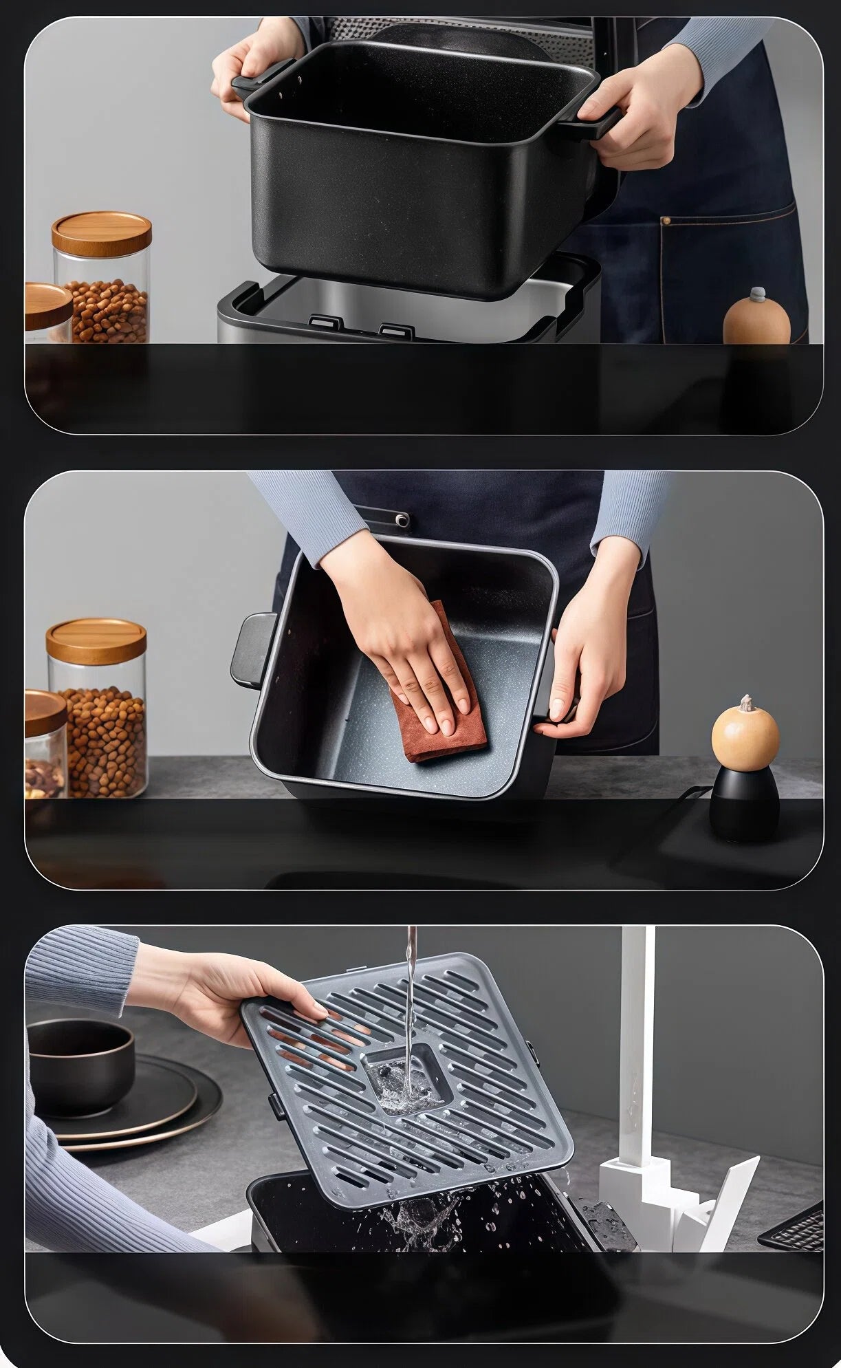  A three-panel image demonstrating the simple cleaning process for the Midea Air Fryer, showing the removable non-stick basket, a hand easily wiping the interior, and the grill plate being rinsed clean.