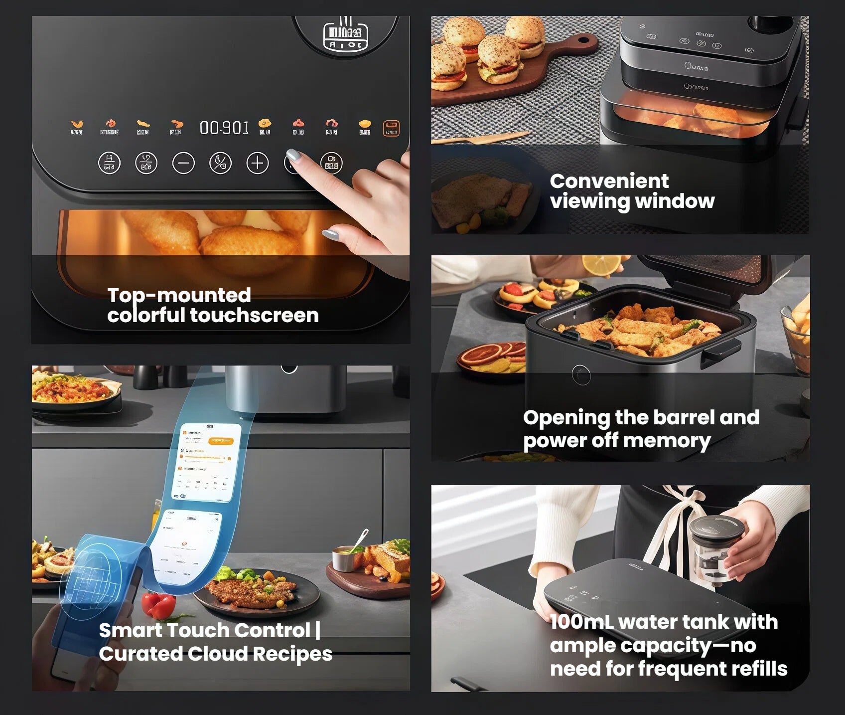 A detailed collage showcasing the Midea Air Fryer's user-friendly features: the top-mounted colorful touchscreen, a clear viewing window, smart app control with cloud recipes, and the easy-to-fill 100mL water tank.