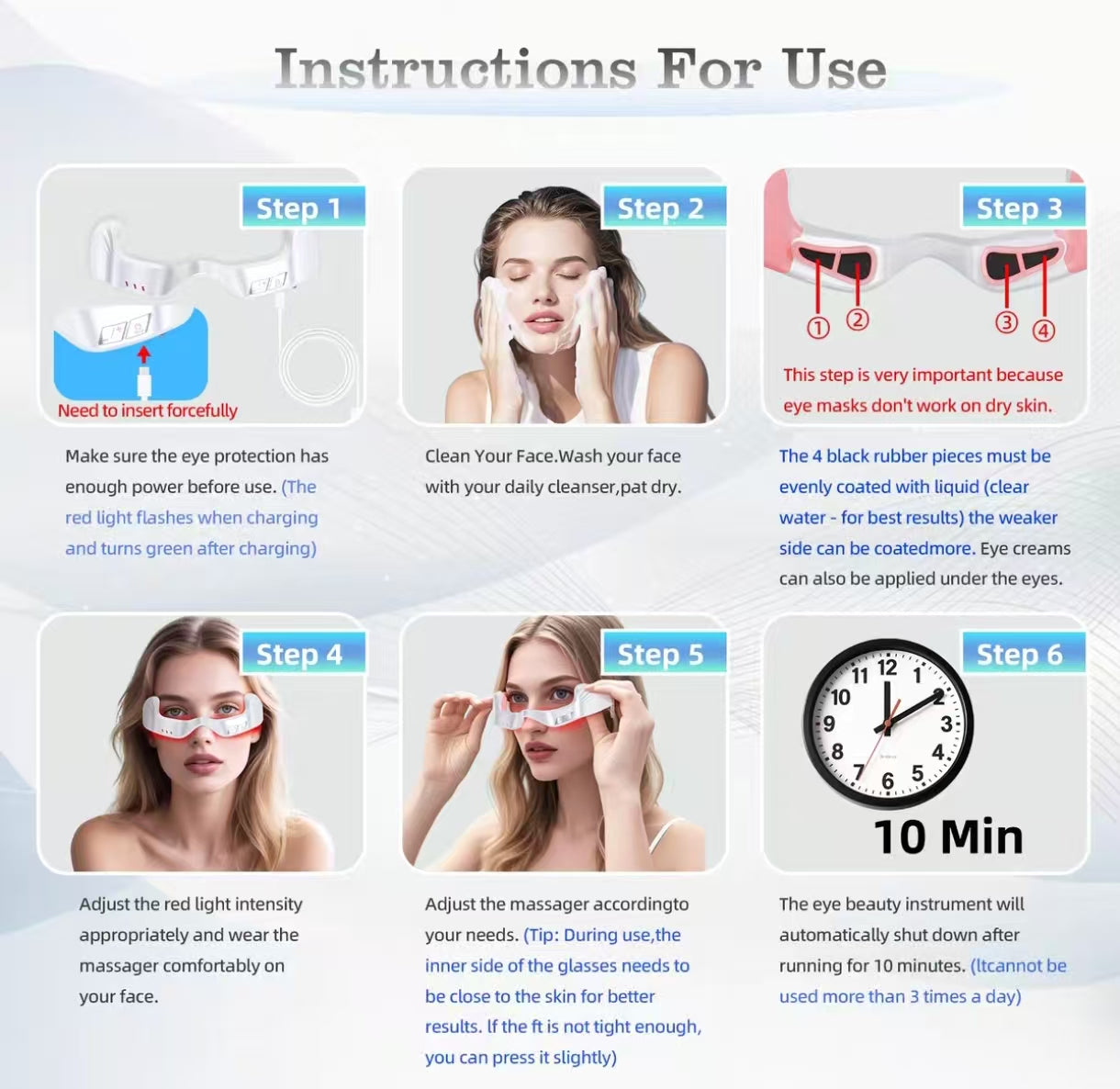 Step-by-step guide showing how to use NNEOBA EMS microcurrent pulse eye massager: charge device, clean face, apply liquid to contact pads, adjust intensity, wear comfortably, and use for 10 minutes daily.