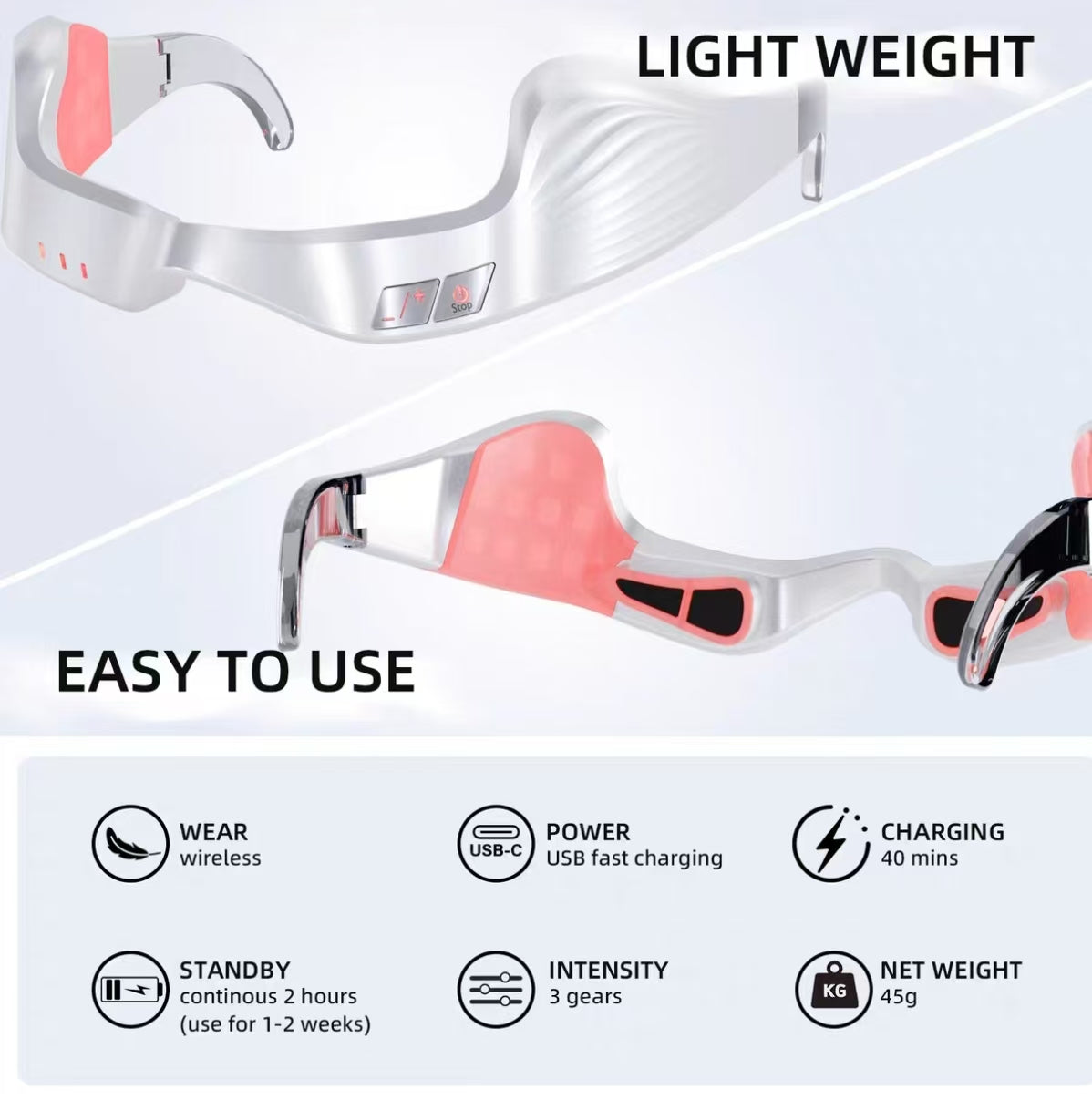 NNEOBA EMS eye massager features lightweight design (45g), USB-C fast charging in 40 minutes, 3 intensity levels, wireless wear, and up to 2 hours standby time — ideal for daily skincare routines.