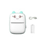 Front view of NNEOBA portable thermal mini printer in mint green cat design. Includes USB-C charging cable and 57mm thermal paper roll. Compact, wireless, and ink-free for instant printing on the go.