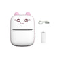 Front view of NNEOBA portable thermal mini printer in pink cat design. Features cute cartoon face, soft-touch finish, and included USB-C charging cable and 57mm thermal paper roll. Ideal for students and creative users.