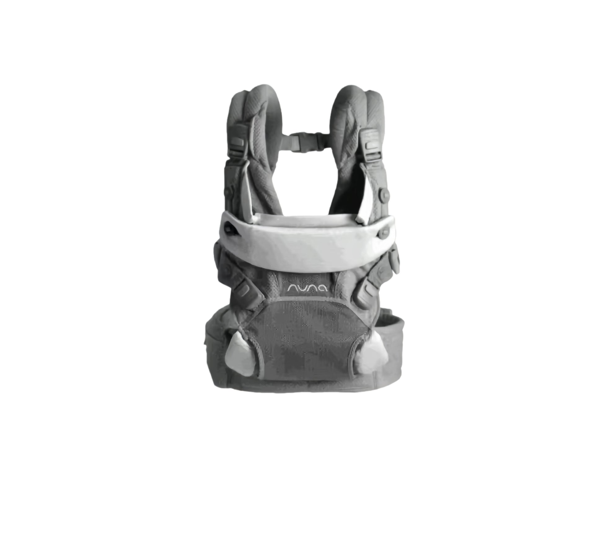Studio shot of Nuna Cudl Clik Carrier in grey color—highlighting sleek lines, magnetic fasteners, padded waist belt, and premium materials. Designed for comfort, style, and safety from birth.