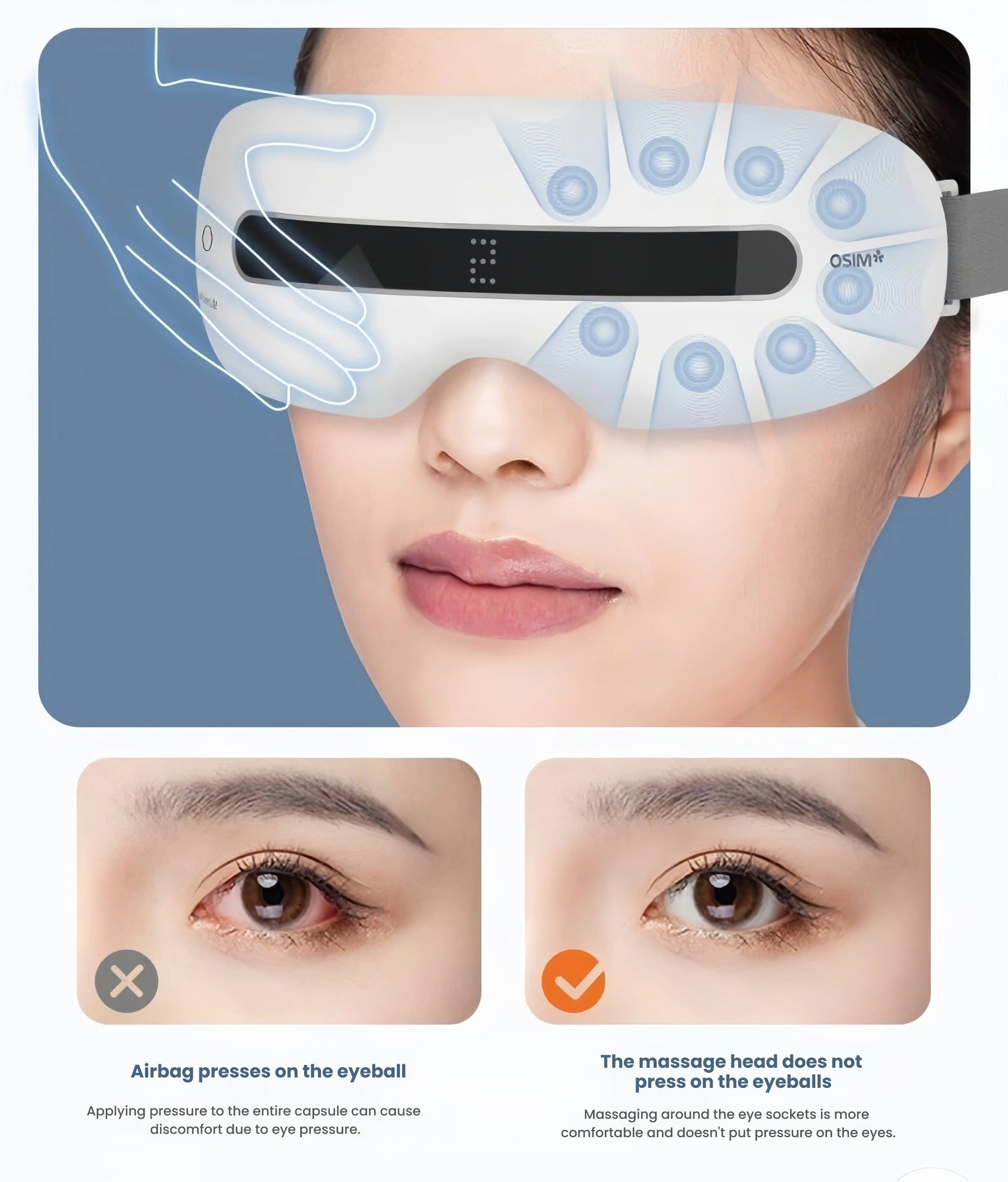 Comparison image showing how the OSIM Lite Eye Massager avoids pressure on the eyeballs. Unlike traditional airbag designs, it massages around the eye sockets safely and comfortably, preventing discomfort during use.