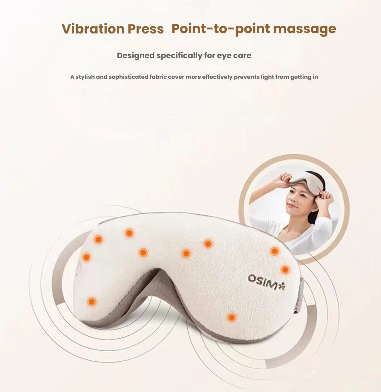 Diagram of the OSIM uMask eye massager showing 8 vibration points for targeted point-to-point massage. The device delivers gentle pulsations around the eye area to relieve tension and promote circulation