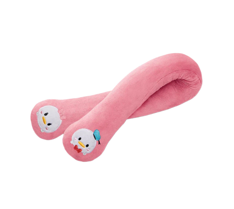 Pink plush OSIM uSnooz massage wrap featuring Donald Duck faces on both ends. Soft and portable, this wearable neck pillow provides gentle support and comfort during travel or rest.