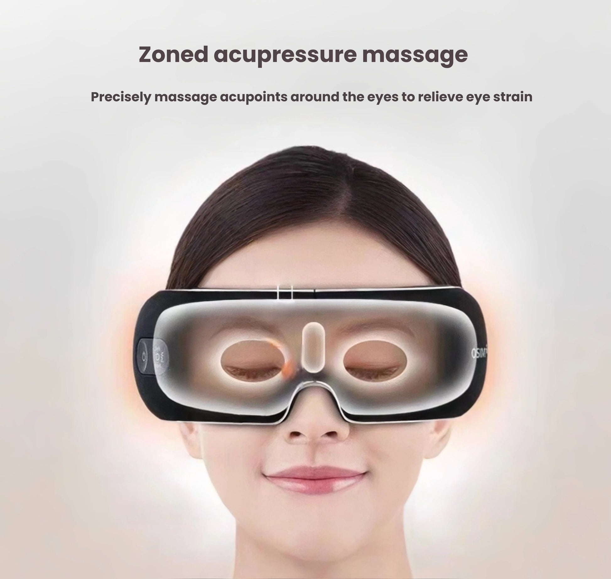 Close-up of a woman using the OSIM uVision Air eye massager, highlighting zoned acupressure massage points that precisely target eye strain and tension around the orbital area.
