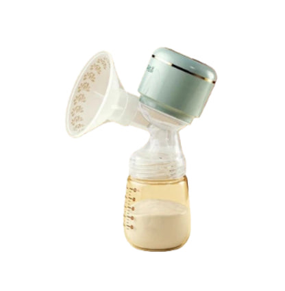 October Crystal wearable breast pump in mint green color; sleek all-in-one design with touch control panel, silicone massage flange, and 180ml milk bottle showing collected breast milk