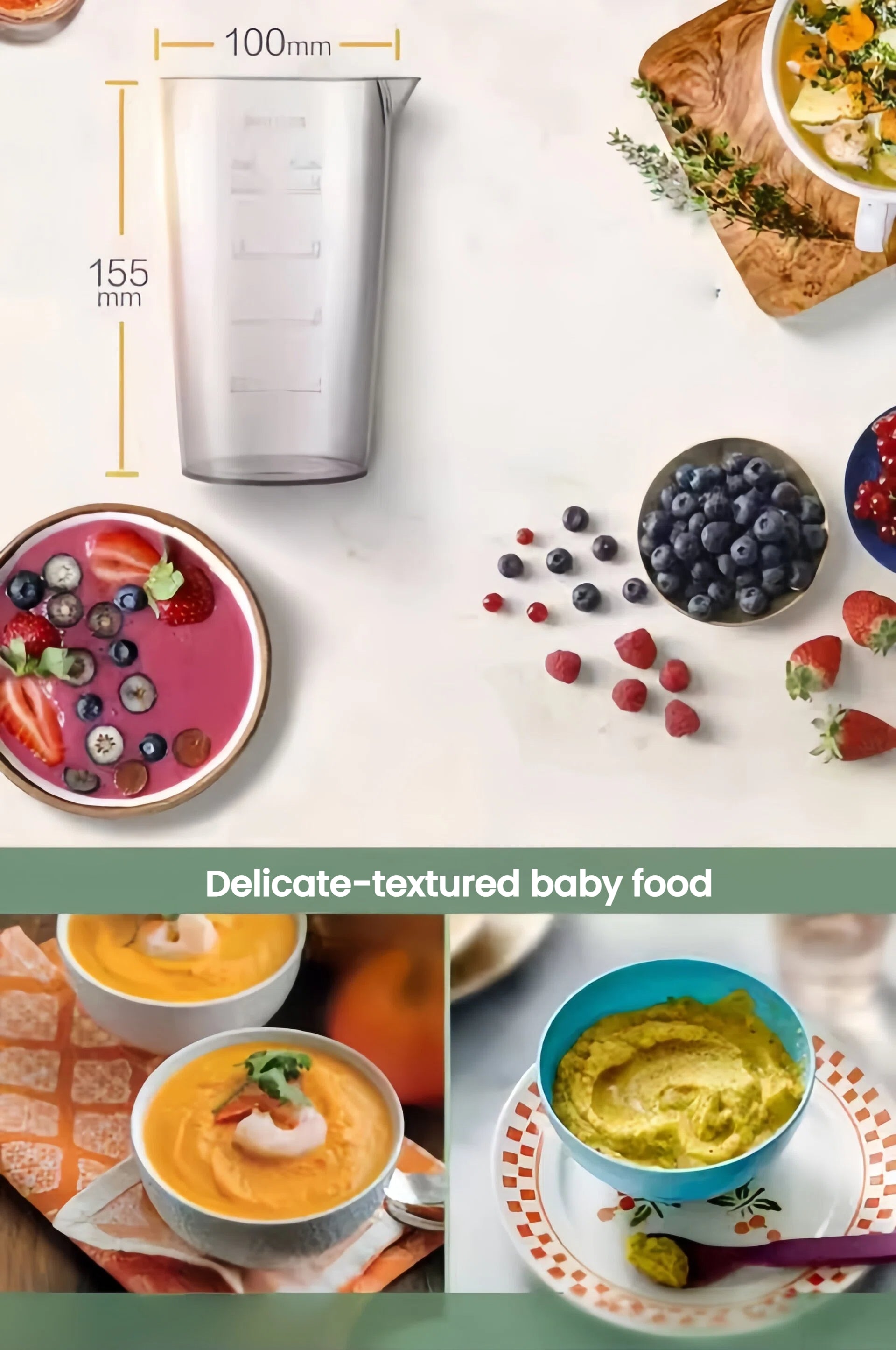 Clear 250ml measuring cup for Philips Avent baby food blender with dimensions 155mm height and 100mm width—ideal for preparing delicate-textured baby food and smoothies.