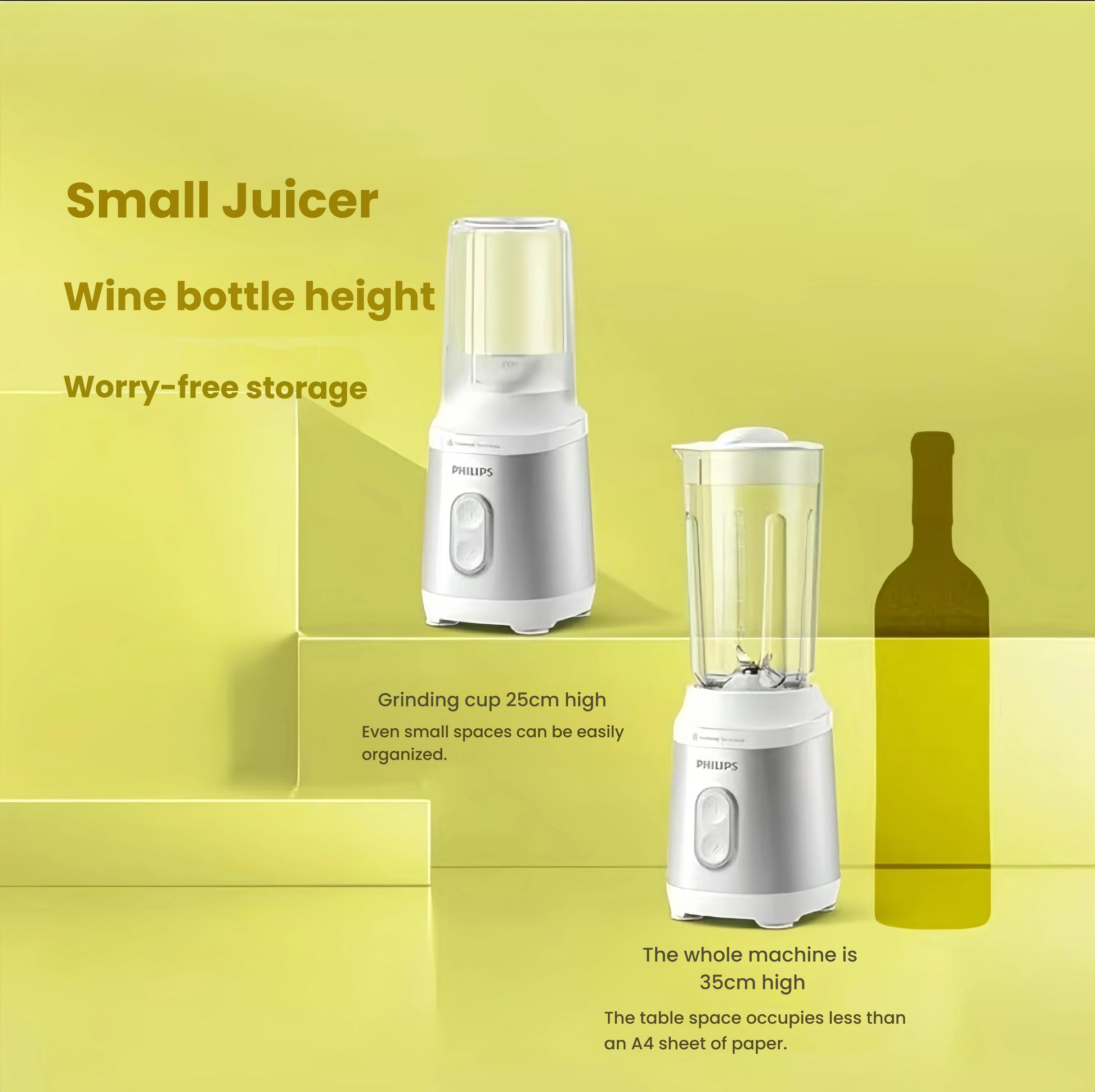Compact Philips Avent baby food maker shown next to wine bottle and A4 paper—only 35cm tall, occupies less than an A4 sheet, ideal for small kitchens and easy storage.