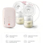 Philips Avent double breast pump setup featuring two bottles with milk, motor unit, and highlighted features: intimate milk spray technology, fast absorption, adjustable levels, and ergonomic design.