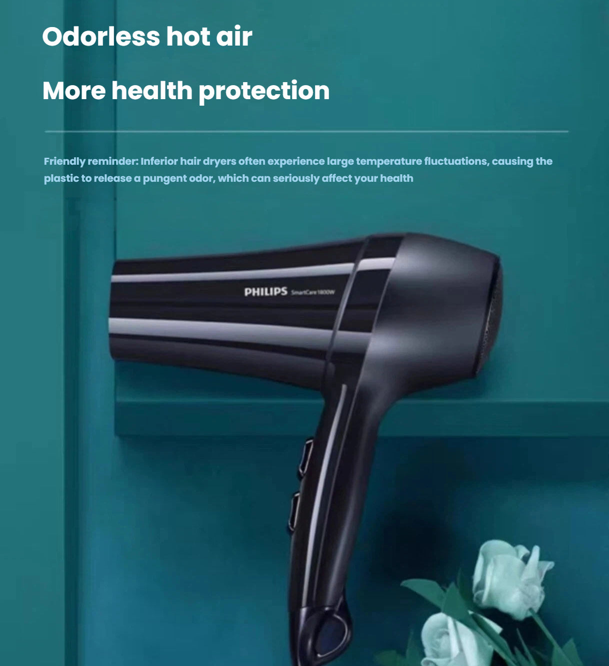 Philips DryCare Pro hairdryer with odorless hot air technology—engineered to maintain stable temperature and avoid harmful plastic fumes for safer, healthier drying.