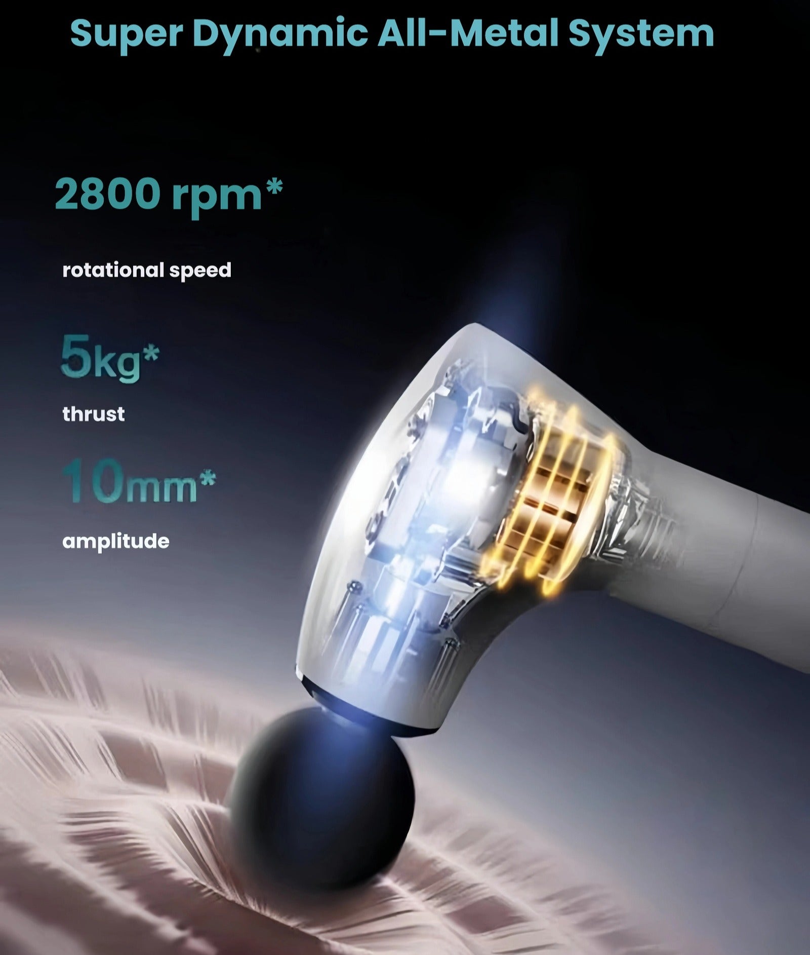 Close-up of the Philips massage gun’s internal all-metal motor system, highlighting 2800 RPM rotational speed, 5kg thrust, and 10mm depth amplitude for powerful deep-tissue percussion therapy.