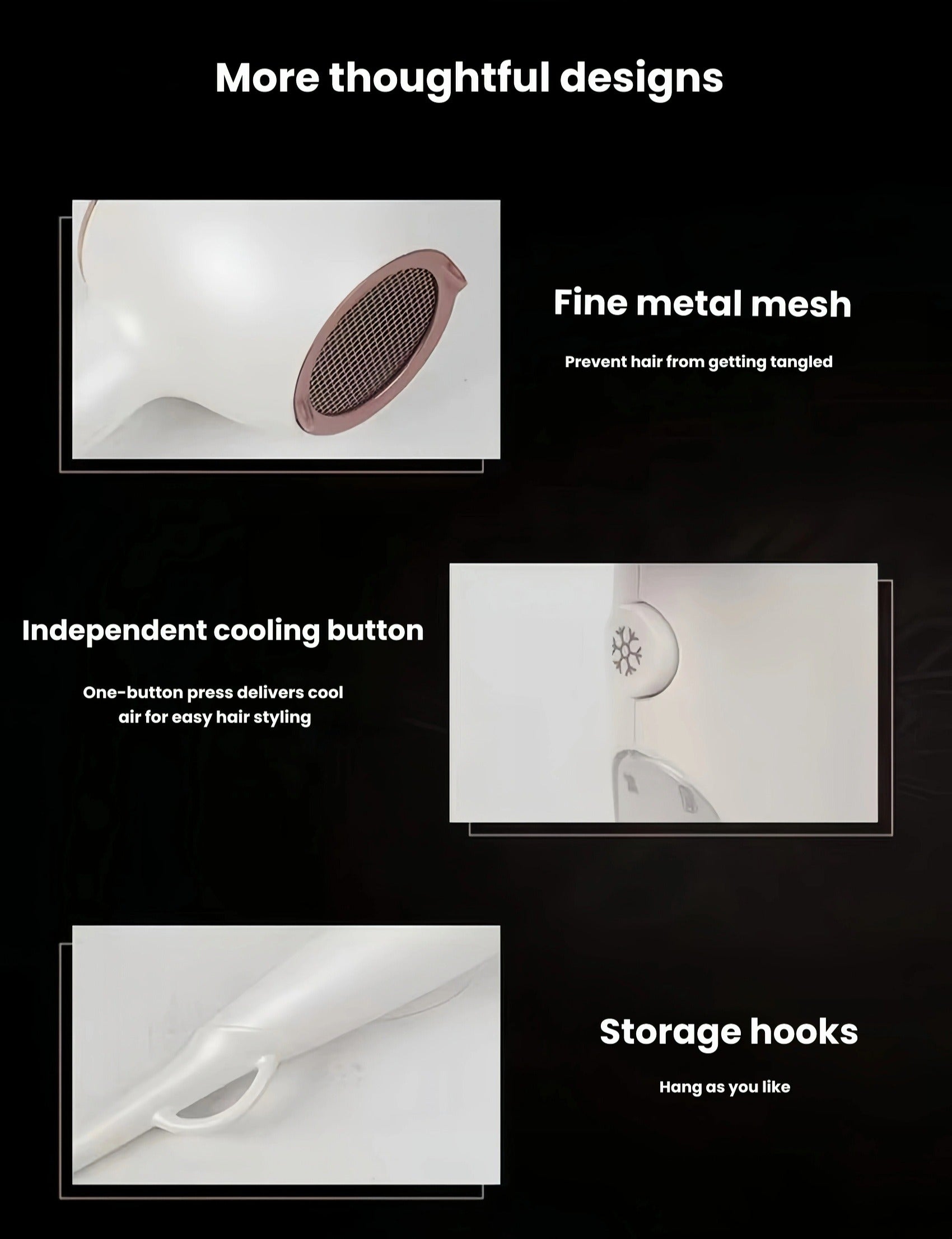 Detailed view of Philips Prestige hair dryer’s thoughtful design: fine metal mesh prevents hair tangles, independent cooling button delivers cool air for styling, and built-in storage hook for convenient hanging.