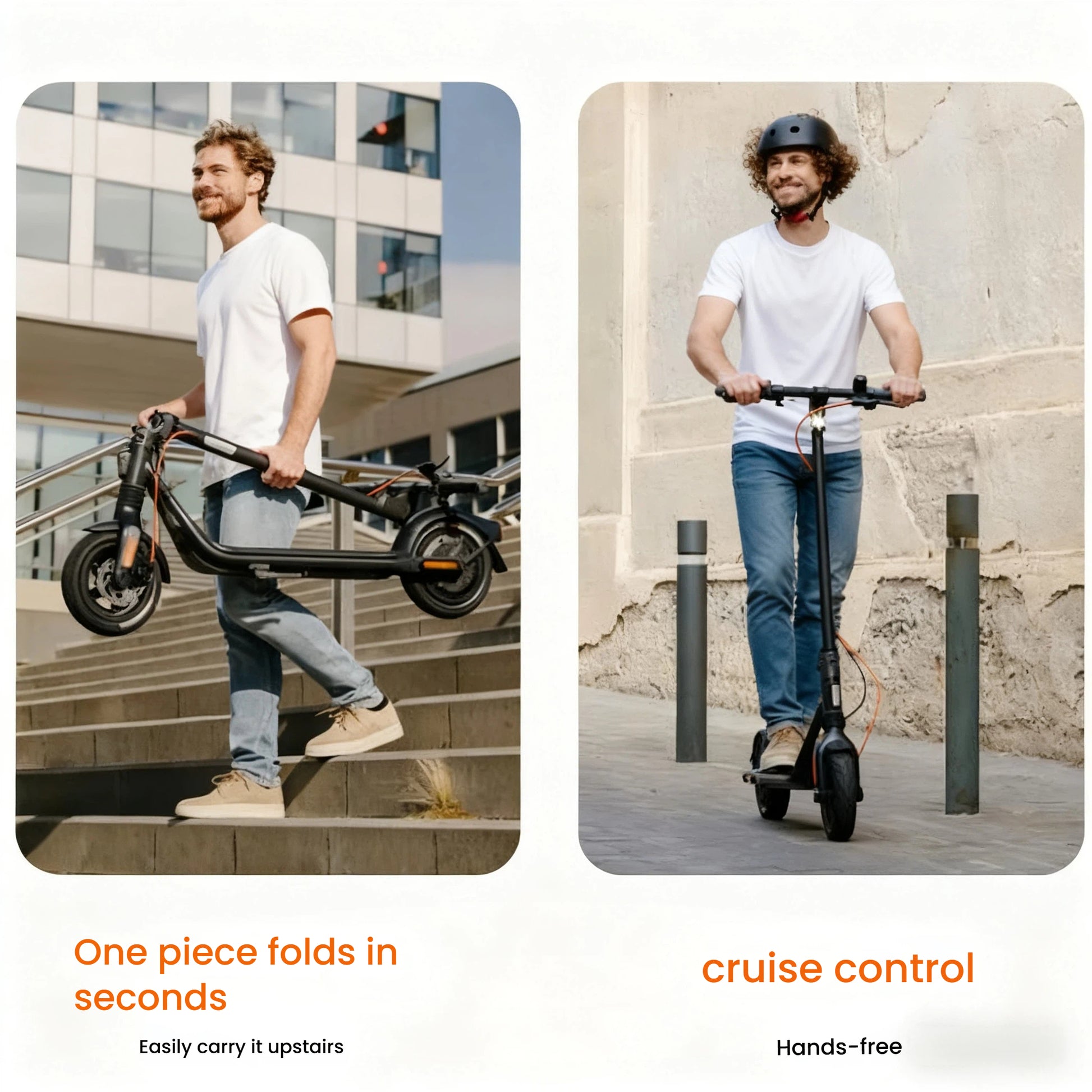 Two lifestyle images demonstrating the convenience of the Segway F2 Pro: a man carrying the scooter after folding it in seconds, and another man enjoying a hands-free ride with the cruise control feature.