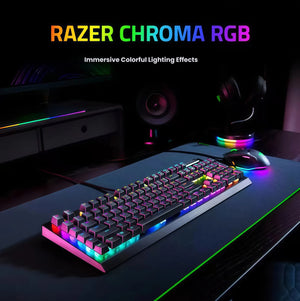 Gaming desk setup with the Razer BlackWidow V4 X mechanical keyboard glowing with dynamic Razer Chroma RGB lighting effects, paired with a matching mouse and headset, creating an immersive and colorful gaming environment.