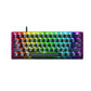 Front view of the Razer Huntsman V3 Pro Mini gaming keyboard in black, featuring vibrant rainbow RGB backlighting across all keys. Ultra-compact 60% form factor with optical mechanical switches, ideal for esports and desk space efficiency.