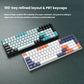 Two Royal Kludge RK100 keyboards displayed side by side — one in black with blue accents, the other in white with orange and purple keys. Both feature a 100-key refined layout with high-quality PBT keycaps that resist wear and oiling, offering a premium typing experience.