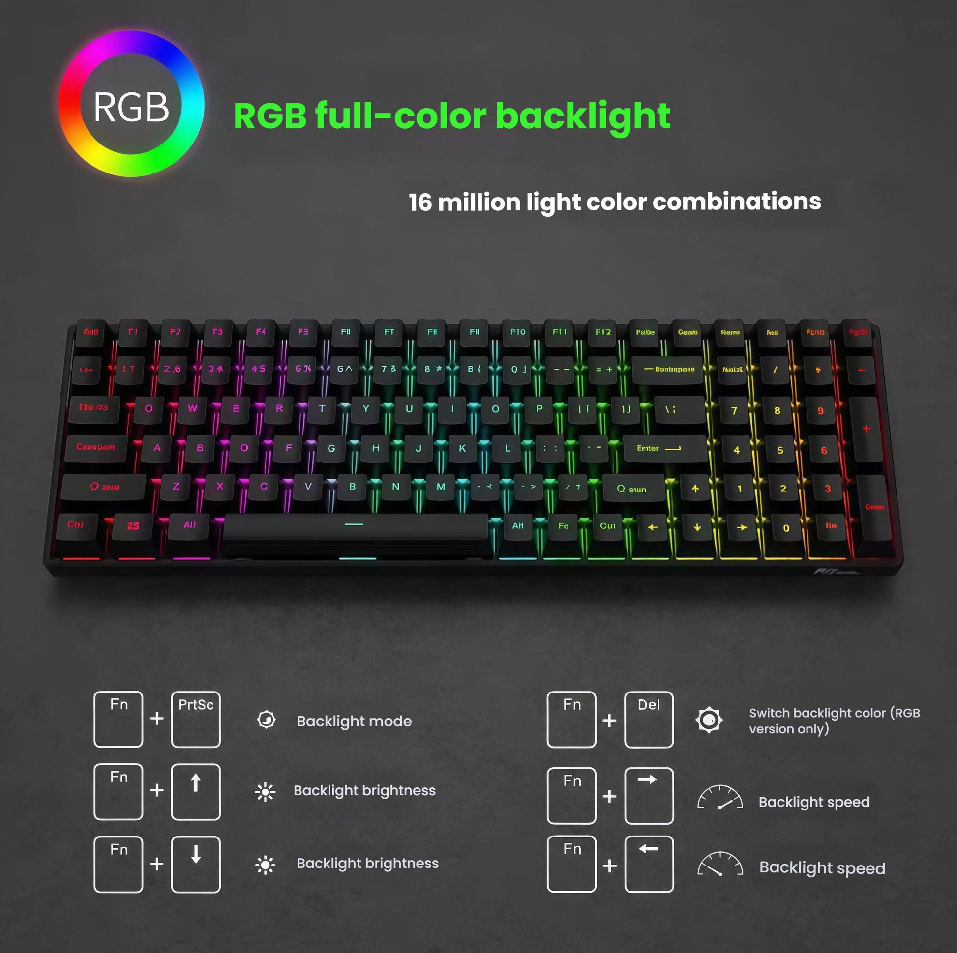 Front view of the Royal Kludge RK100 keyboard featuring vibrant RGB full-color backlighting with 16 million color combinations. The image includes onboard control shortcuts for adjusting brightness, speed, and mode using Fn + key combinations, perfect for customizable lighting effects.