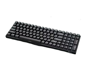 Full front view of the Royal Kludge RK100 mechanical keyboard in black with blue mechanical switches. This wireless keyboard features a clean, minimalist design with a full 100-key layout, ideal for both productivity and gaming without sacrificing desk space.