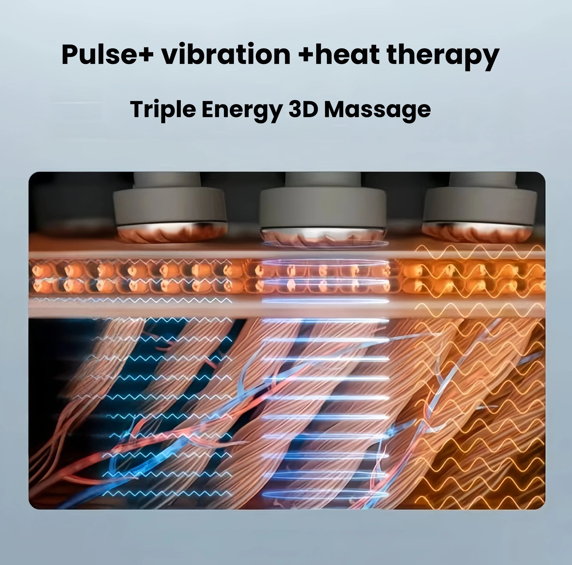 Close-up cross-section diagram illustrating SKG G7 Pro’s triple energy system: pulsing nodes, vibration motors, and heat layers working together to deliver deep 3D massage therapy to neck and shoulder muscles.