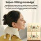 Woman wearing SKG H5 neck and shoulder massager showing 0°–50° flexible bending adjustment, allowing dynamic fit across different body postures for comprehensive neck and upper back coverage.