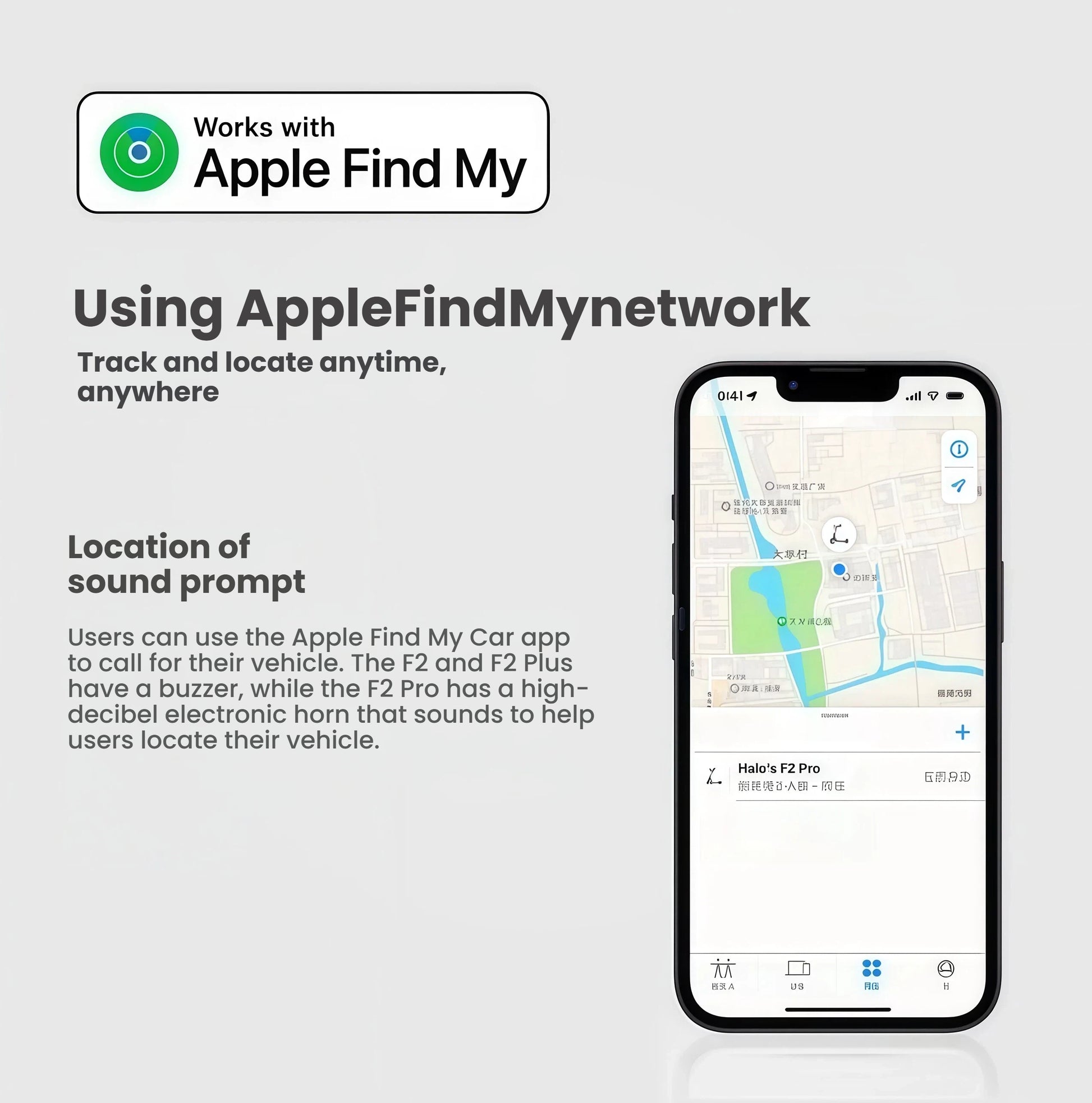 An illustration showing the Segway F2 Pro's seamless integration with the Apple Find My network, allowing users to track and locate their scooter easily on an iPhone