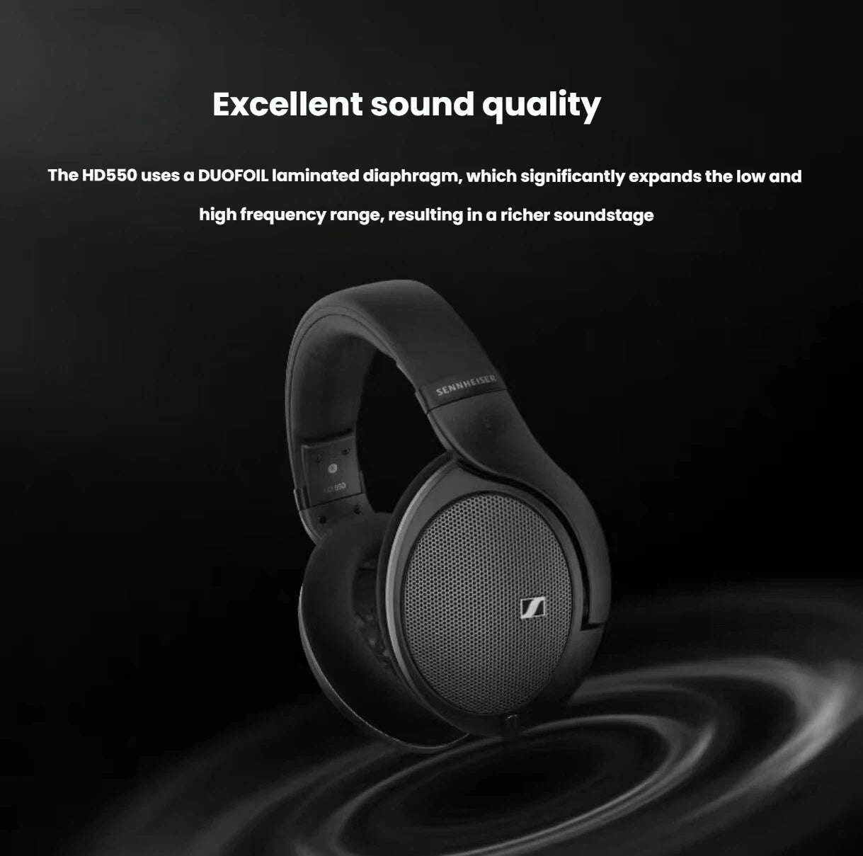 Sennheiser HD 550 wired over-ear headphones floating above ripple effect — showcasing DUOFOIL laminated diaphragm technology that expands low and high frequencies for immersive, rich soundstage.