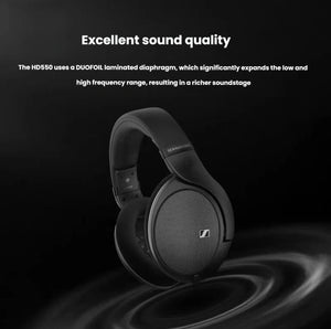 Sennheiser HD 550 wired over-ear headphones floating above ripple effect — showcasing DUOFOIL laminated diaphragm technology that expands low and high frequencies for immersive, rich soundstage.