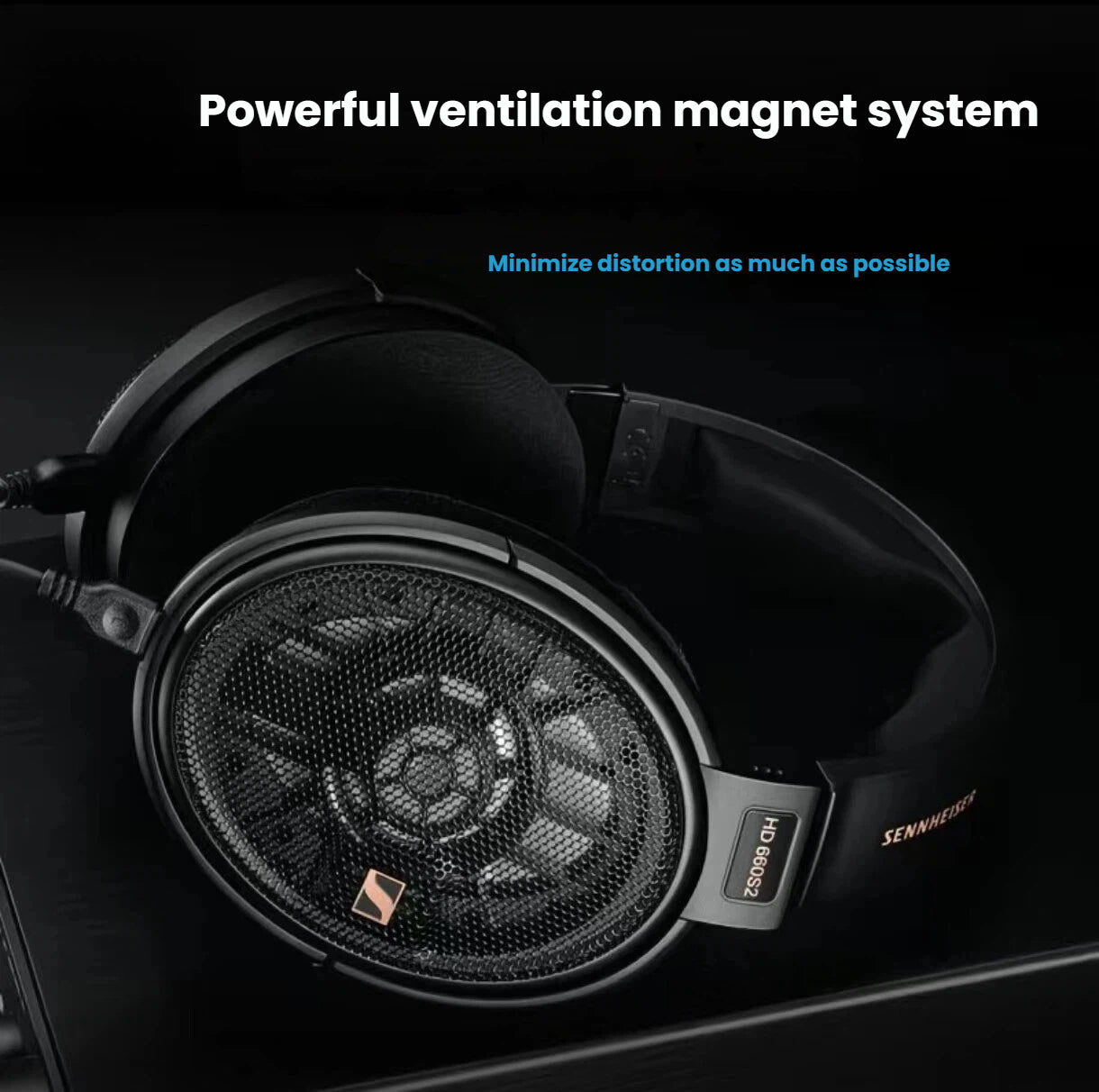 Close-up of Sennheiser HD 660 S2 headphone driver showcasing powerful ventilation magnet system designed to minimize distortion and deliver accurate audio reproduction.